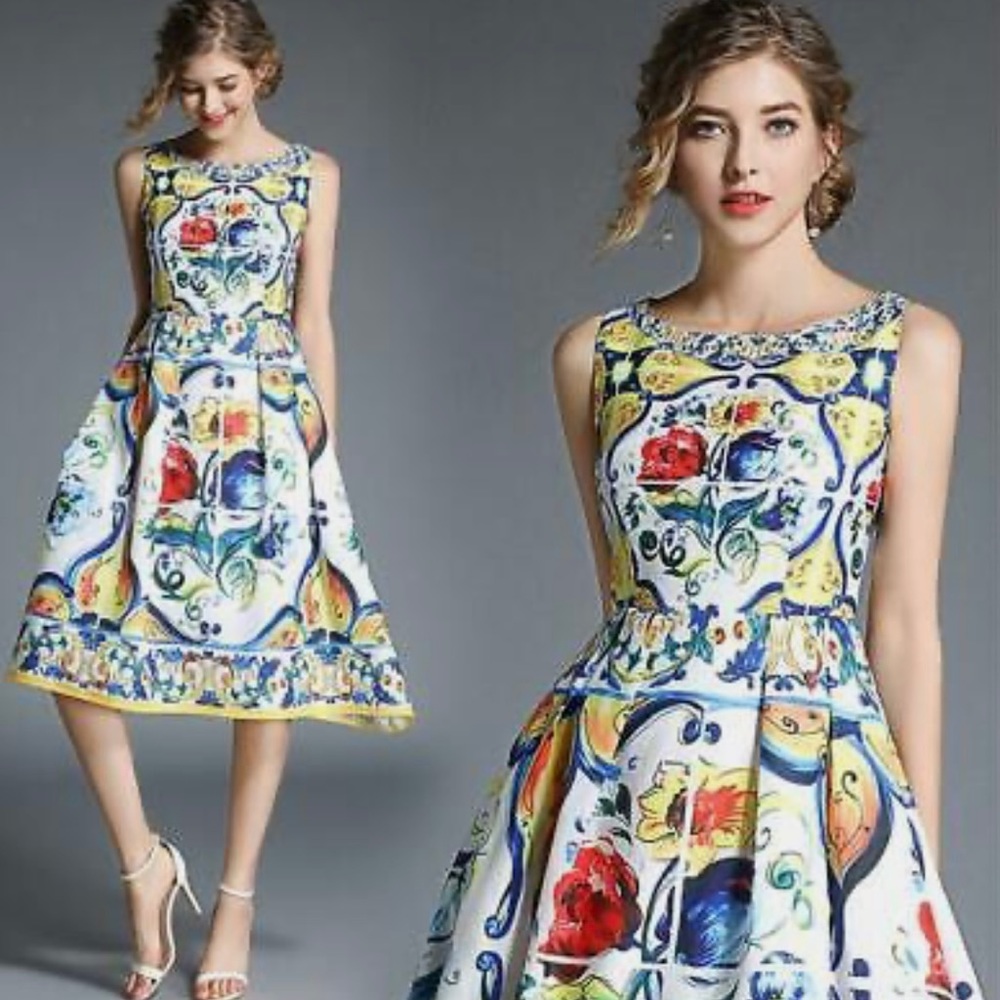 Malika Fit & Flare Maiolica Inspired Print Cotton Poplin Full-Back Midi Dress